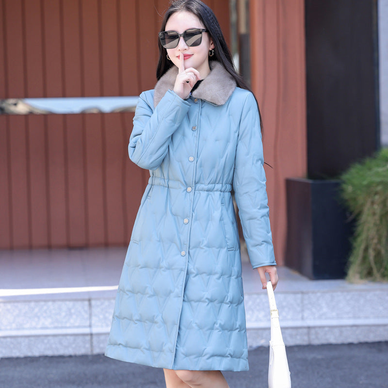 Wool Collar Duck Down Warm Leather Coat