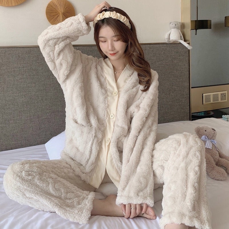Winter Ladies Jacquard Flannel Plus Velvet Thickening Home Service Suit