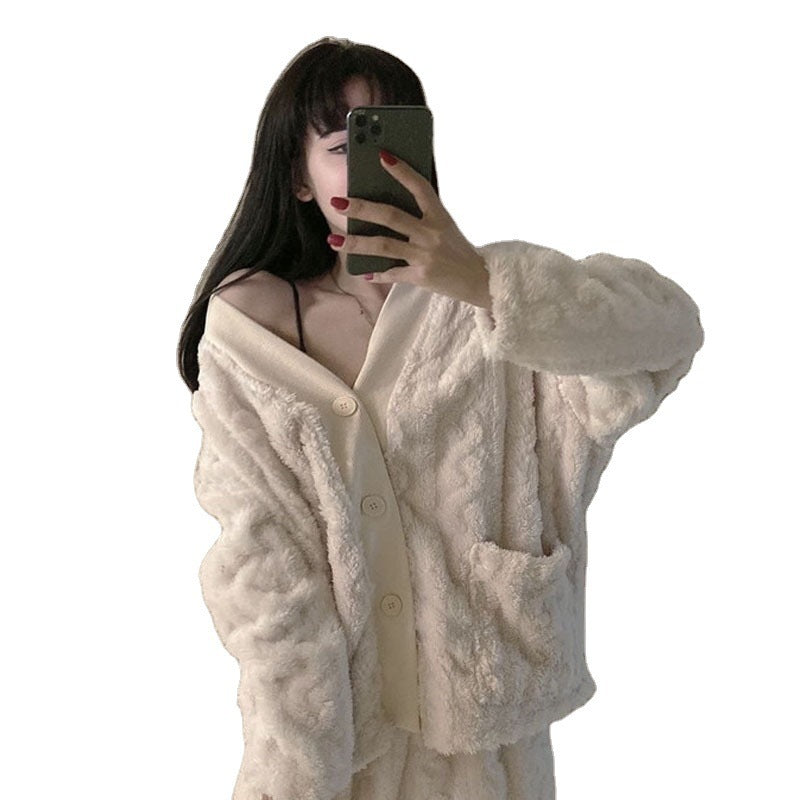 Winter Ladies Jacquard Flannel Plus Velvet Thickening Home Service Suit