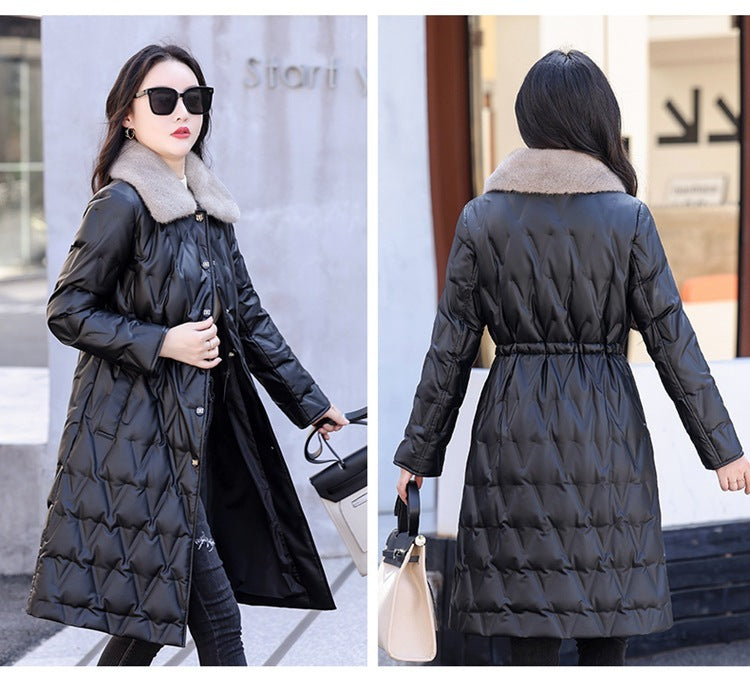Wool Collar Duck Down Warm Leather Coat