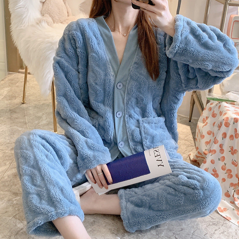 Winter Ladies Jacquard Flannel Plus Velvet Thickening Home Service Suit
