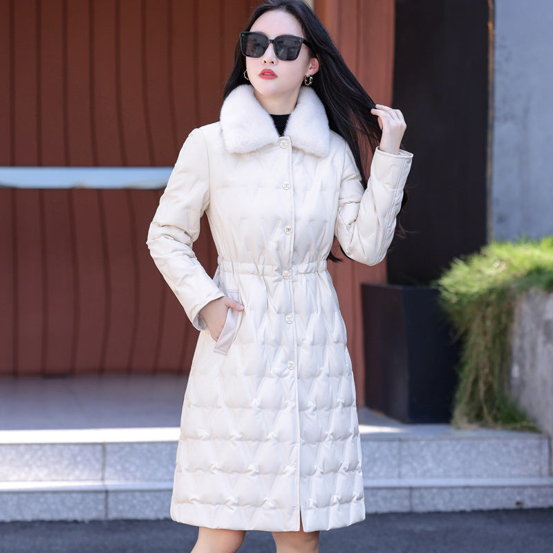 Wool Collar Duck Down Warm Leather Coat
