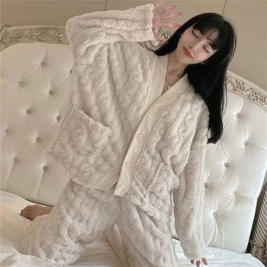 Winter Ladies Jacquard Flannel Plus Velvet Thickening Home Service Suit