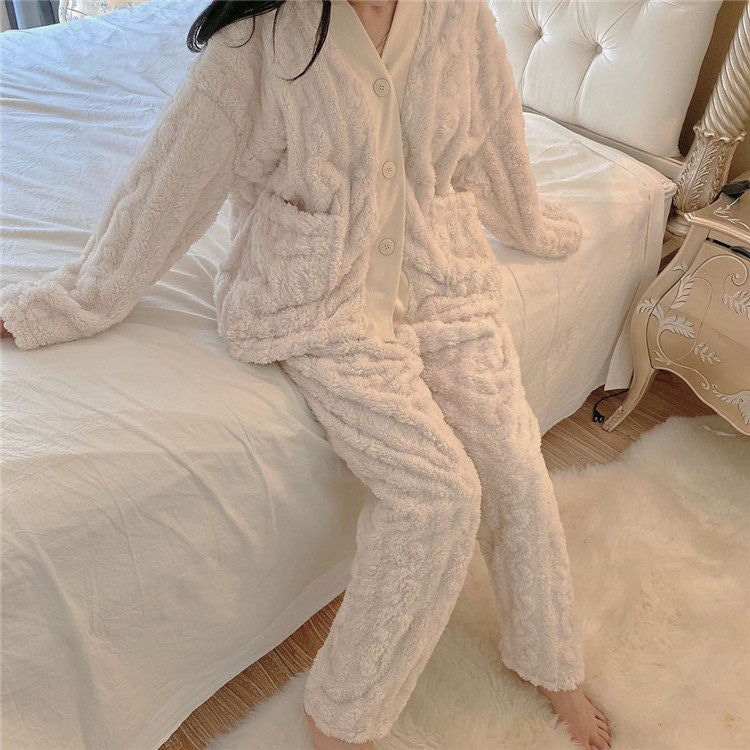 Winter Ladies Jacquard Flannel Plus Velvet Thickening Home Service Suit