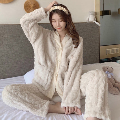 Winter Ladies Jacquard Flannel Plus Velvet Thickening Home Service Suit