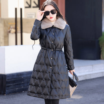 Wool Collar Duck Down Warm Leather Coat