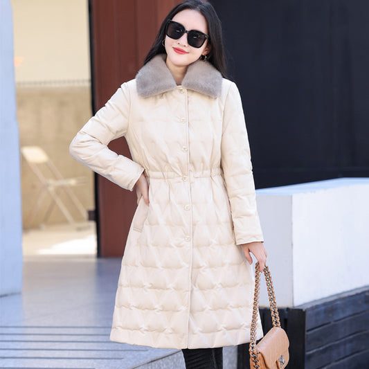 Wool Collar Duck Down Warm Leather Coat